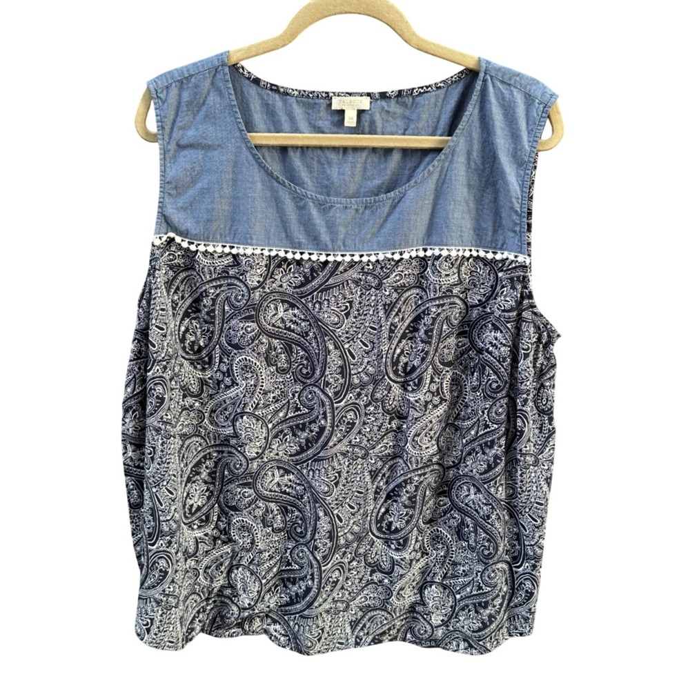Talbots Woman 3X Paisley Chambray Sleeveless Shell Top Navy White Pom Pom Trim
